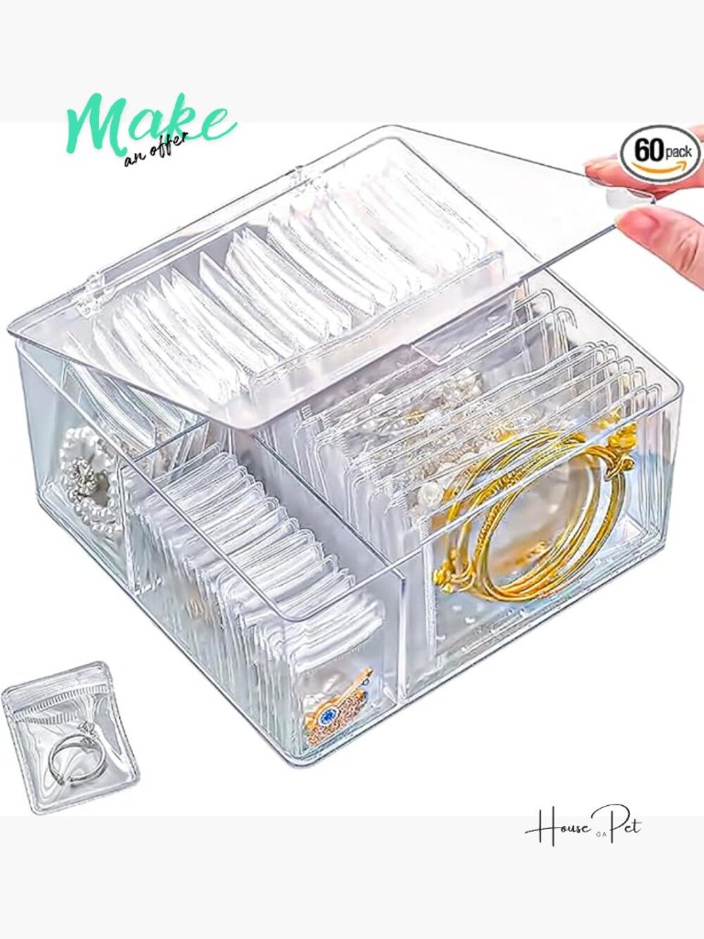 Acrylic Jewelry Organizer Box with 60 Anti Tarnish Pouches